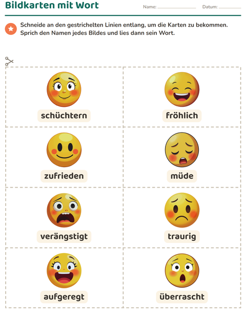 Vorschau: Bildkarten-Arbeitsblatt mit Emotionen für Kindergarten