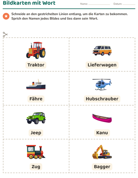 Vorschau: Bildkarten-Arbeitsblatt mit Fahrzeuge für Kindergarten