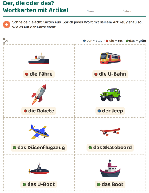 Der, die oder das? Wortkarten mit Artikel