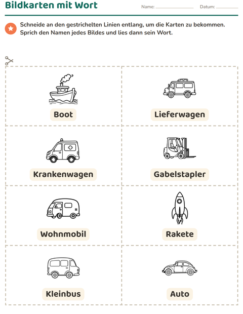 Vorschau: Bildkarten-Arbeitsblatt mit Fahrzeuge SW 3 für Kindergarten