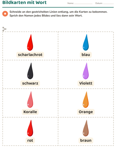 Vorschau: Bildkarten-Arbeitsblatt mit Farben für Kindergarten