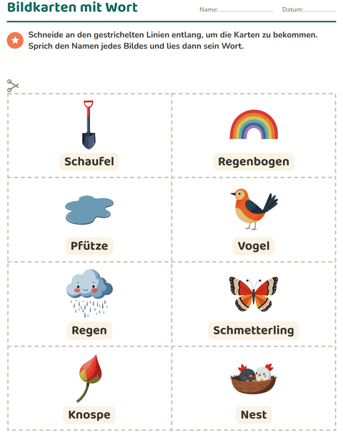 Vorschau: Bildkarten-Arbeitsblatt mit Frühling für Kindergarten