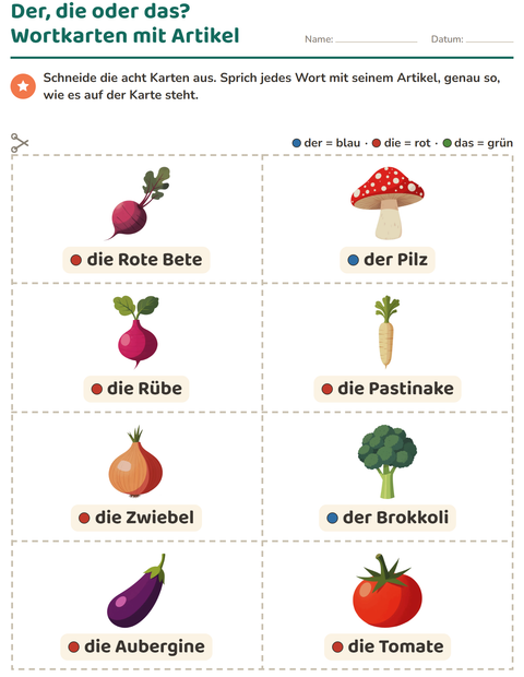 Vorschau: Bildkarten-Arbeitsblatt mit Gemüse für Kindergarten