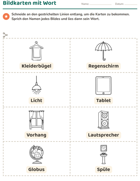 Vorschau: Bildkarten-Arbeitsblatt mit Haushalt SW für Kindergarten