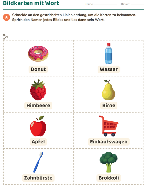 Vorschau: Bildkarten-Arbeitsblatt mit Im Supermarkt für Kindergarten
