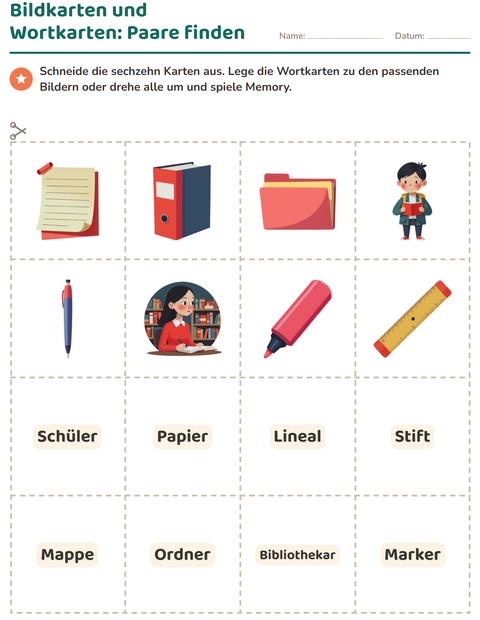 Vorschau: Bildkarten-Arbeitsblatt mit Klassenzimmer für Kindergarten