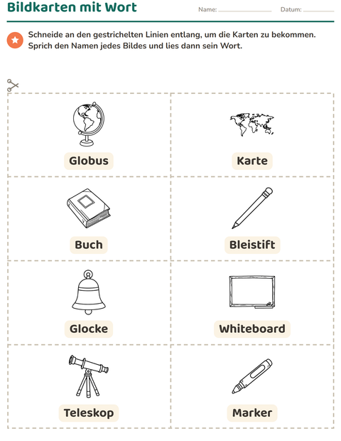 Vorschau: Bildkarten-Arbeitsblatt mit Klassenzimmer (S/W) für Kindergarten