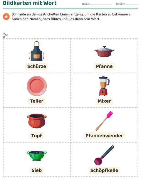 Vorschau: Bildkarten-Arbeitsblatt mit Küchenwerkzeuge für Kindergarten
