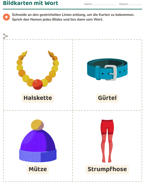 Vorschau: Bildkarten-Arbeitsblatt mit Accessoires für Kindergarten