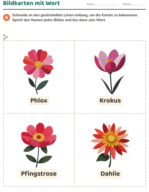 Vorschau: Bildkarten-Arbeitsblatt mit Blumen für Kindergarten
