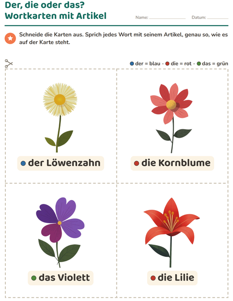 Vorschau: Bildkarten-Arbeitsblatt mit Blumen für Kindergarten