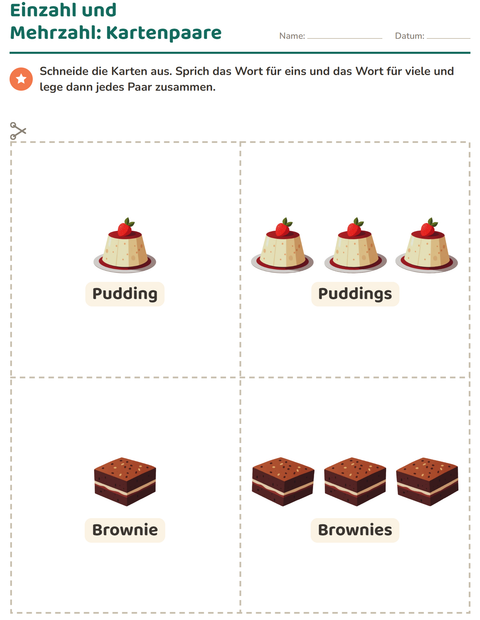 Vorschau: Bildkarten-Arbeitsblatt mit Desserts und Süßigkeiten für Kindergarten
