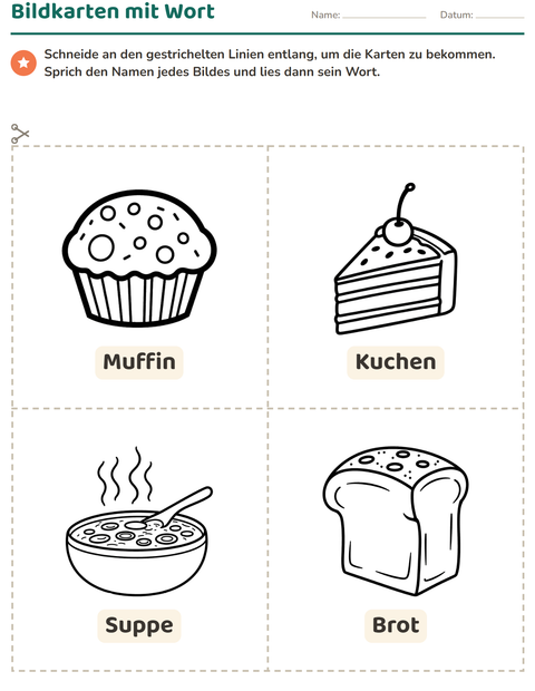 Vorschau: Bildkarten-Arbeitsblatt mit Essen SW 2 für Kindergarten