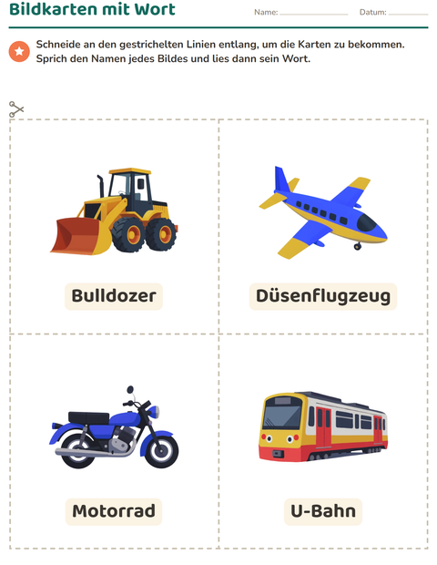 Vorschau: Bildkarten-Arbeitsblatt mit Fahrzeuge für Kindergarten
