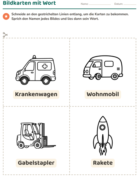 Vorschau: Bildkarten-Arbeitsblatt mit Fahrzeuge SW 3 für Kindergarten
