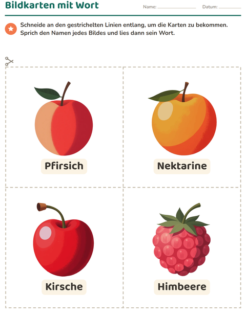 Vorschau: Bildkarten-Arbeitsblatt mit Früchte für Kindergarten