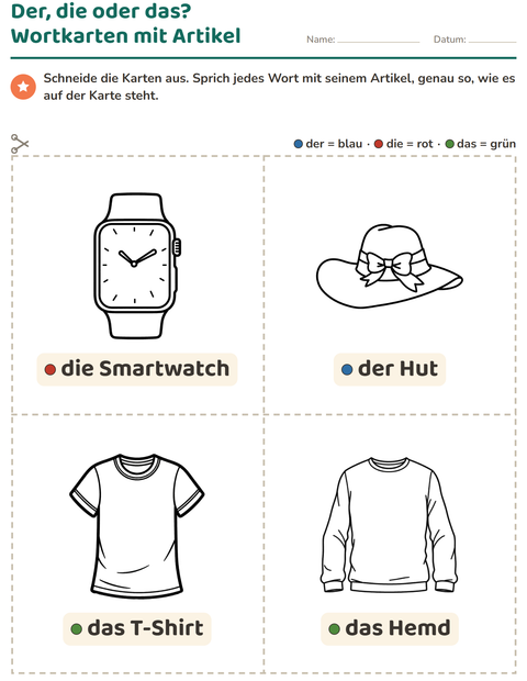 Vorschau: Bildkarten-Arbeitsblatt mit Kleidung SW für Kindergarten