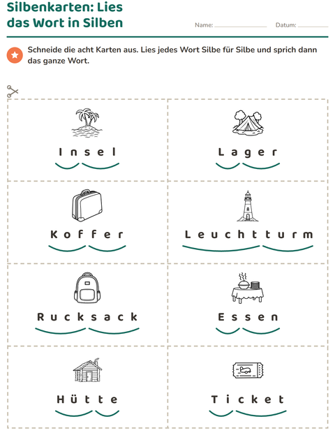 Vorschau: Bildkarten-Arbeitsblatt mit Reisen und Urlaub SW für 1. Klasse