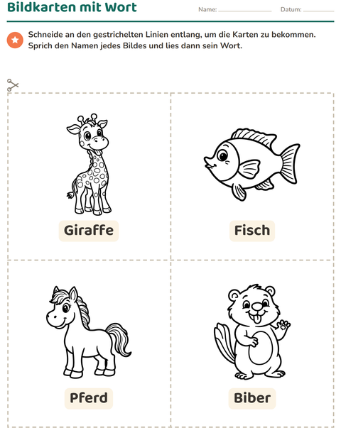 Vorschau: Bildkarten-Arbeitsblatt mit Tiere SW für Kindergarten