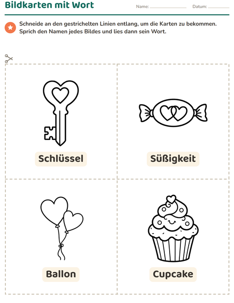 Vorschau: Bildkarten-Arbeitsblatt mit Valentinstag SW für Kindergarten