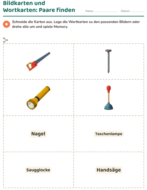 Vorschau: Bildkarten-Arbeitsblatt mit Werkzeuge für Kindergarten