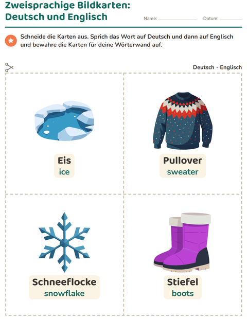 Vorschau: Bildkarten-Arbeitsblatt mit Winter für Kindergarten
