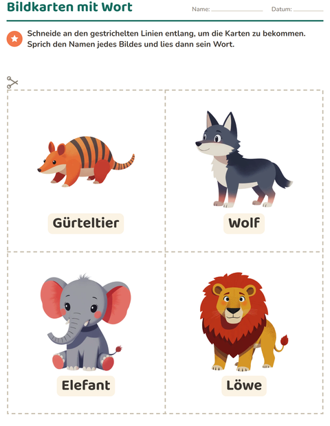Vorschau: Bildkarten-Arbeitsblatt mit Zootiere für Kindergarten