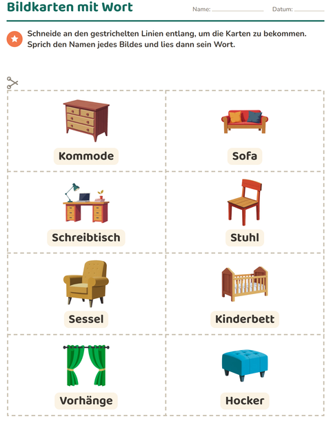 Vorschau: Bildkarten-Arbeitsblatt mit Möbel für Kindergarten