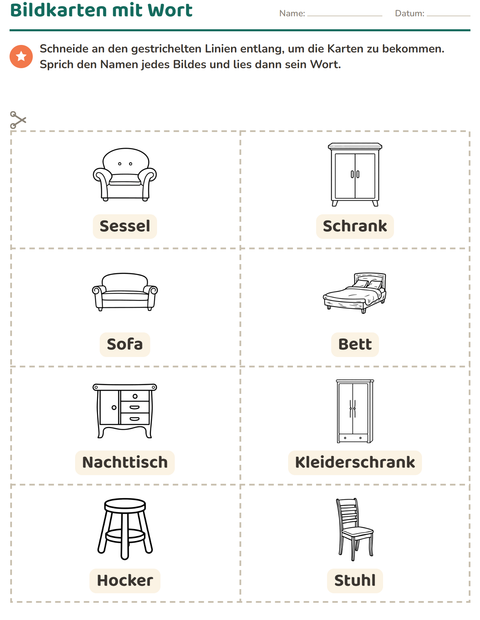 Vorschau: Bildkarten-Arbeitsblatt mit Möbel SW für Kindergarten