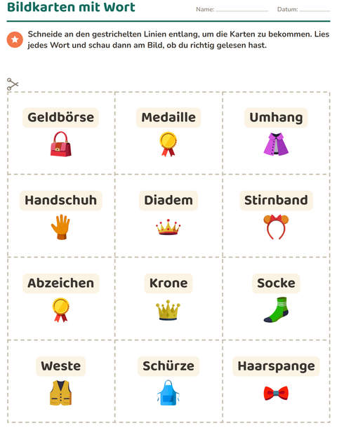 Vorschau: Bildkarten-Arbeitsblatt mit Accessoires für Kindergarten