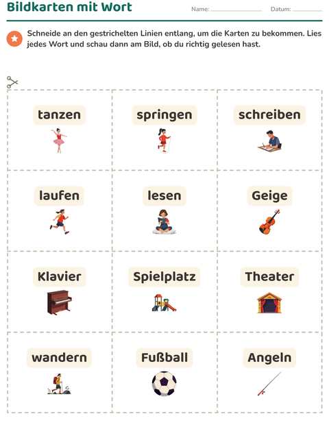 Vorschau: Bildkarten-Arbeitsblatt mit Aktivitäten für Kindergarten