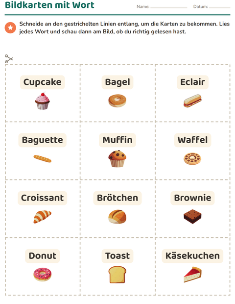 Vorschau: Bildkarten-Arbeitsblatt mit Bäckerei für Kindergarten