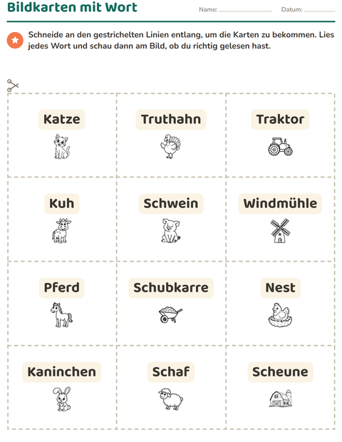 Vorschau: Bildkarten-Arbeitsblatt mit Bauernhof SW für Kindergarten