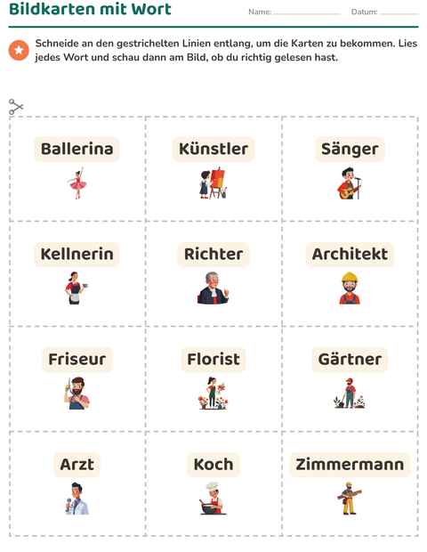 Vorschau: Bildkarten-Arbeitsblatt mit Berufe für Kindergarten