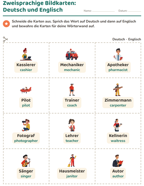 Vorschau: Bildkarten-Arbeitsblatt mit Berufe für Kindergarten