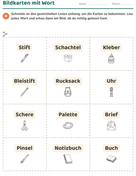 Vorschau: Bildkarten-Arbeitsblatt mit Bildung SW für Kindergarten