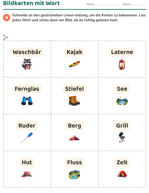Vorschau: Bildkarten-Arbeitsblatt mit Camping für Kindergarten