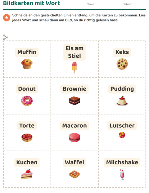 Vorschau: Bildkarten-Arbeitsblatt mit Desserts und Süßigkeiten für Kindergarten