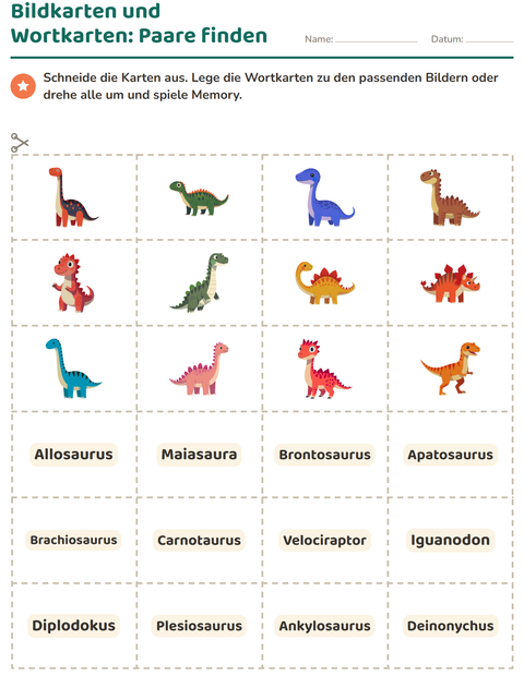 Vorschau: Bildkarten-Arbeitsblatt mit Dinosaurier für Kindergarten