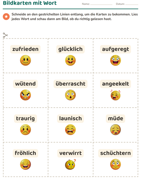 Vorschau: Bildkarten-Arbeitsblatt mit Emotionen für Kindergarten