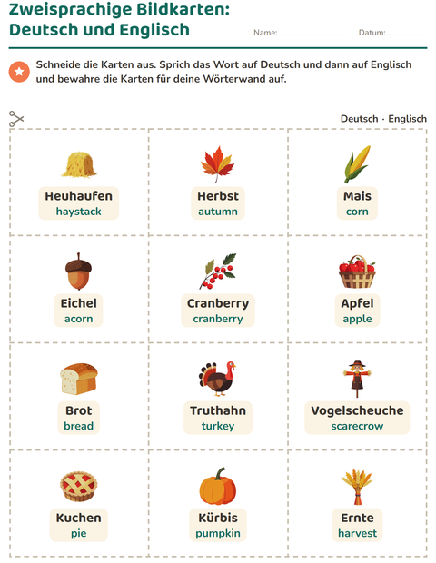 Vorschau: Bildkarten-Arbeitsblatt mit Erntedankfest für Kindergarten