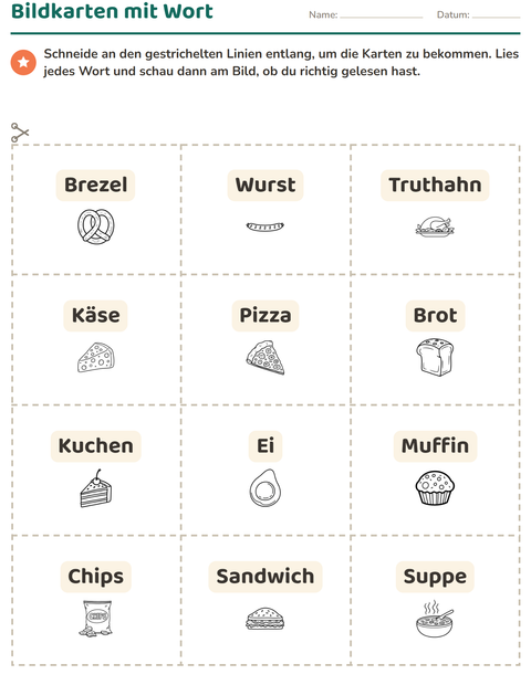 Vorschau: Bildkarten-Arbeitsblatt mit Essen SW 2 für Kindergarten