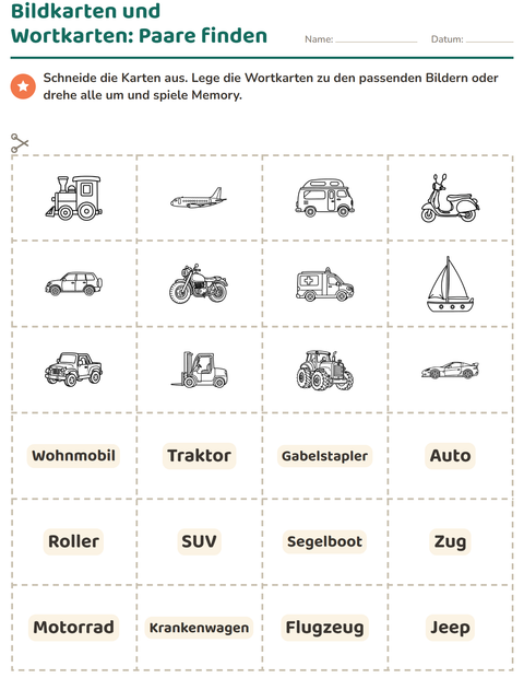 Vorschau: Bildkarten-Arbeitsblatt mit Fahrzeuge SW für Kindergarten