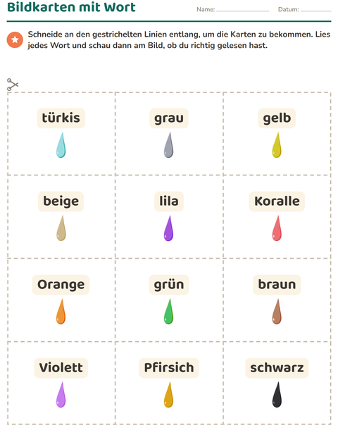 Vorschau: Bildkarten-Arbeitsblatt mit Farben für Kindergarten