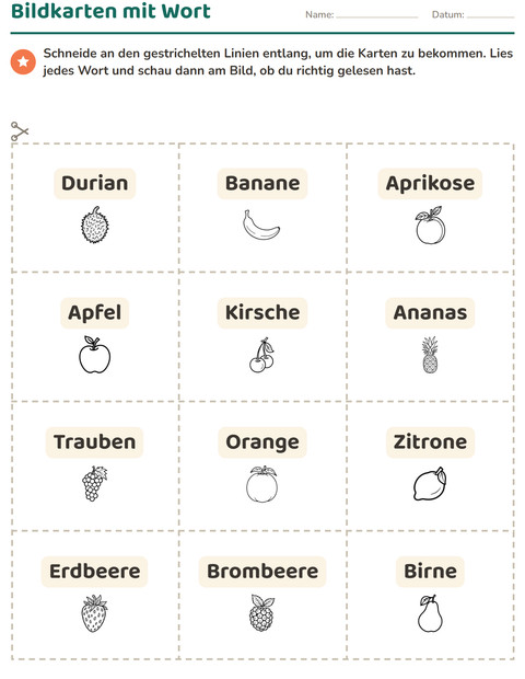 Vorschau: Bildkarten-Arbeitsblatt mit Früchte SW für Kindergarten