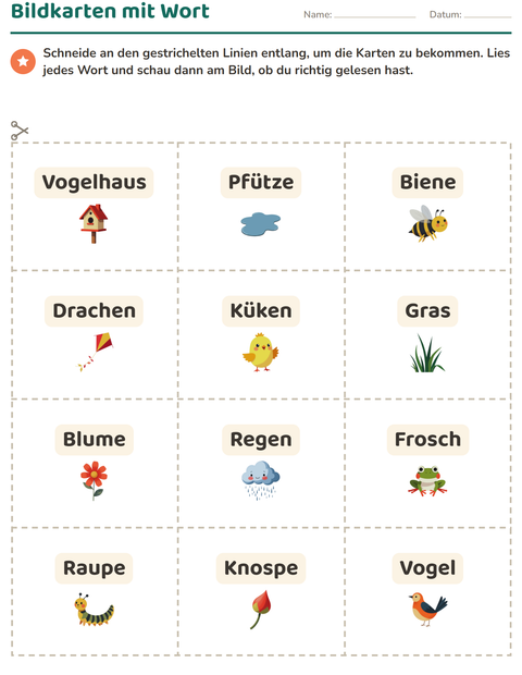 Vorschau: Bildkarten-Arbeitsblatt mit Frühling für Kindergarten