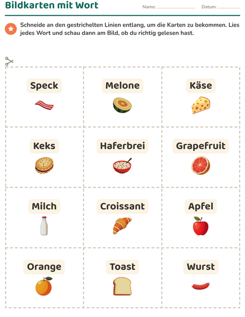 Vorschau: Bildkarten-Arbeitsblatt mit Frühstück für Kindergarten
