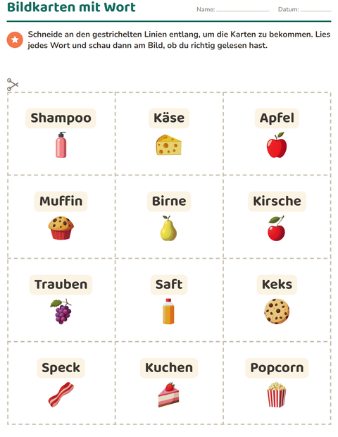 Vorschau: Bildkarten-Arbeitsblatt mit Im Supermarkt für Kindergarten