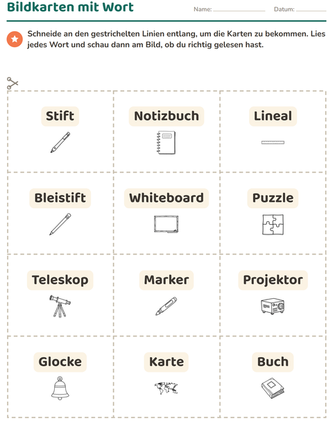 Vorschau: Bildkarten-Arbeitsblatt mit Klassenzimmer (S/W) für Kindergarten