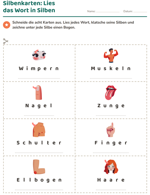 Vorschau: Bildkarten-Arbeitsblatt mit Körperteile für 1. Klasse